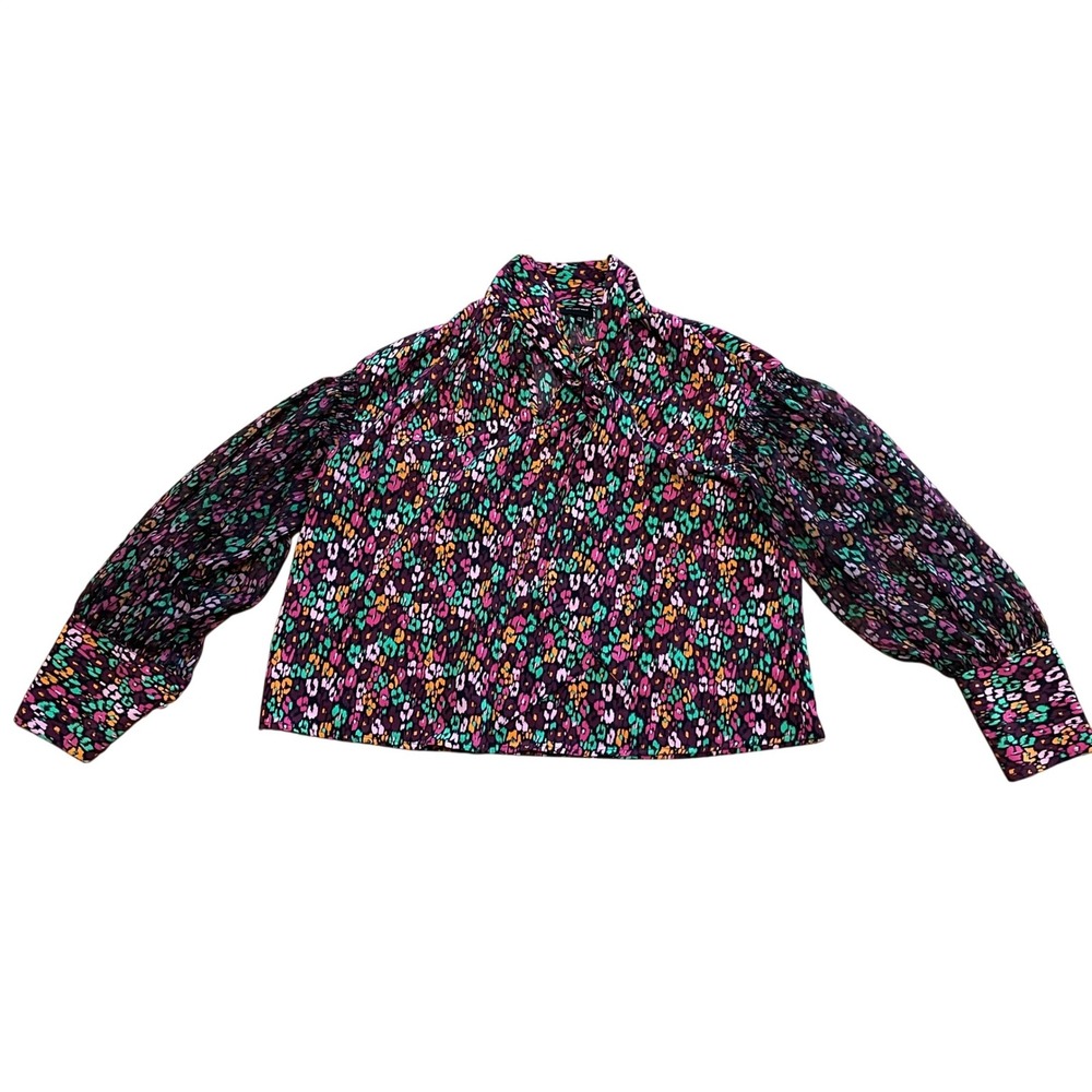 Who What Wear Women's M Leopard Print Tie‎ Neck Puff Sleeve Blouse Multi-Color